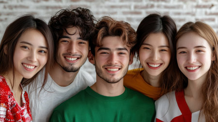 A lively group of five friends smiles joyfully together in a bright indoor space. Their expressions convey warmth and friendship, showcasing a moment of togetherness.の素材