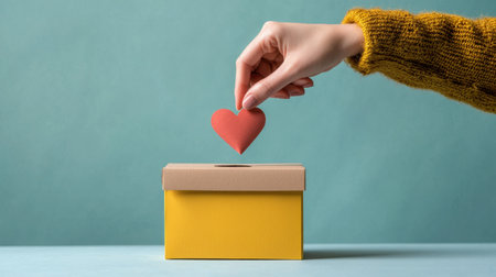 A hand gently places a red heart shape paper into a yellow donation box, symbolizing love and support for charitable causes, encouraging kindness and community engagement.の素材