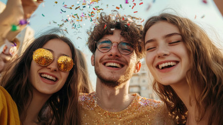 A vibrant outdoor scene showing three friends enjoying a celebration with confetti and laughter, showcasing the essence of joy and companionship.の素材