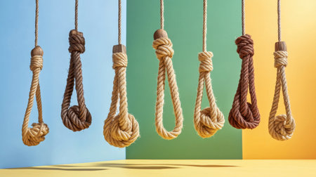 A striking display of various rope knots hanging against vibrant backgrounds. This image highlights craftsmanship and creativity in knot design, perfect for artistic projects.の素材