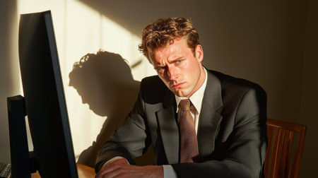 A businessman sits at his desk, immersed in thought while facing a computer. The dramatic lighting creates shadows that emphasize his serious expression.の素材