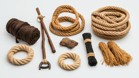 A collection of natural fiber ropes and accessories displayed on a white background, ideal for craft projects or design inspiration. Perfect for woodworking, DIY, and artistic endeavors.の素材