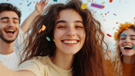 A joyful group of young friends celebrating outdoors with vibrant confetti. They share laughter and smiles, capturing a moment of happiness and carefree fun.の素材