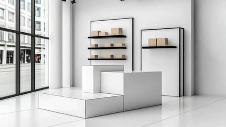 A contemporary retail space featuring minimalist design elements, simple shelving, and packaging boxes. Perfect for showcasing modern products in a clean setting.の素材
