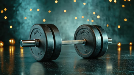 A sleek black dumbbell rests on a glossy surface, surrounded by soft elegant lights. Ideal for fitness themes, this image captures the essence of training and motivation.の素材