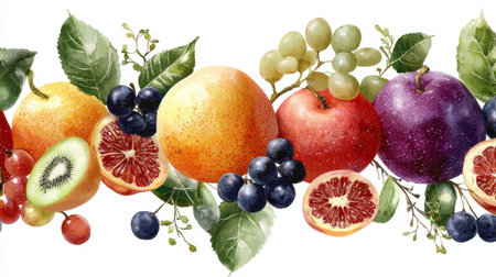 A vibrant and colorful arrangement of various fresh fruits, including oranges, apples, and grapes. This artwork captures the essence of health and nature. Perfect for food design and wellness themes.の素材