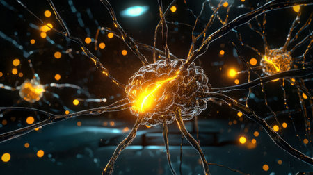 This abstract image showcases glowing neurons and intricate connections, symbolizing the complexity of neural networks and bioelectric signaling in the brain.の素材
