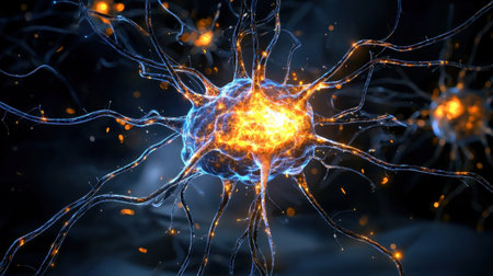 Stunning illustration of a glowing neuron on a dark background, depicting the intricate structure and connectivity of nerve cells. Perfect for science and medical themes.の素材