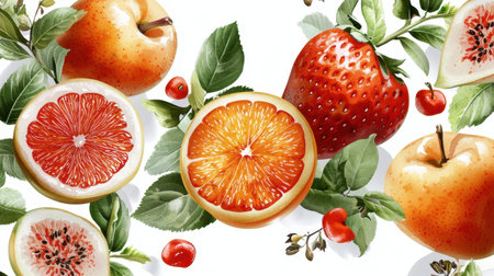 A vibrant and colorful arrangement of fresh fruits including apples, strawberries, and citrus slices surrounded by green leaves, creating a fresh and lively aesthetic.の素材