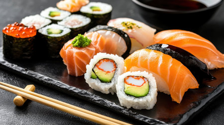 A beautifully arranged sushi platter featuring a variety of rolls and fresh fish slices. Ideal for showcasing Japanese culinary art and flavors.の素材