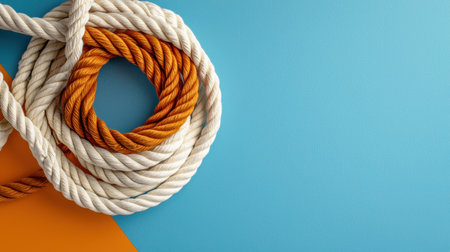 This image features a colorful arrangement of rope on a blue and orange background. Ideal for creative, nautical, or artistic projects needing vibrant visuals.の素材