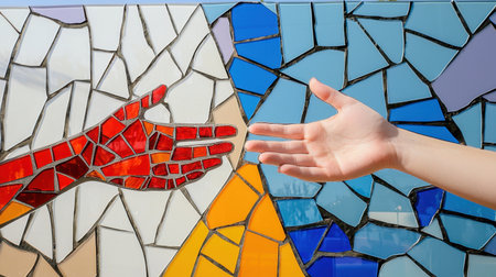A vibrant mosaic art piece featuring hands reaching out, symbolizing connection and unity. The colorful design evokes themes of hope and togetherness.の素材