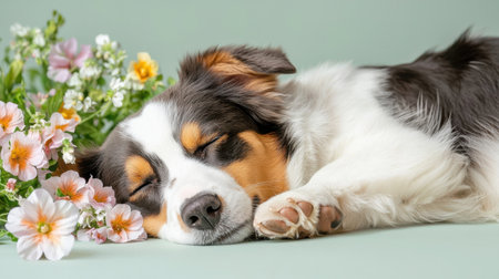 A fluffy dog sleeps peacefully amidst a bouquet of vibrant flowers. The soft colors and gentle composition create a serene atmosphere perfect for pet lovers.の素材