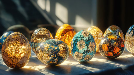 A stunning arrangement of colorful decorative eggs featuring intricate floral designs illuminated by soft sunlight, perfect for celebrating spring and festive occasions.の素材