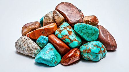 A beautiful arrangement of assorted turquoise and natural stones showcasing vibrant colors and unique textures. Ideal for art projects and natural decor.の素材