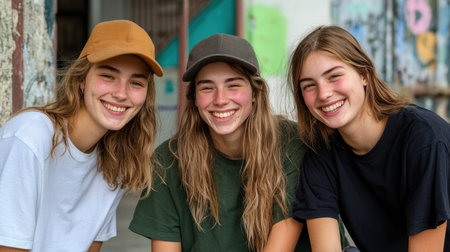 Three young women share a joyful moment outdoors, wearing casual attire and hats. Their cheerful expressions reflect friendship and carefree youth in a vibrant setting.の素材