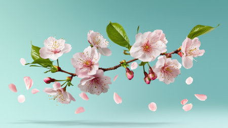 A stunning cherry blossom branch features delicate pink flowers and scattered petals. This floral display embodies spring's beauty and tranquility, perfect for various design needs.の素材