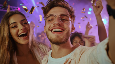 Friends enjoying a joyful celebration at a vibrant party with confetti in the air. The atmosphere is filled with laughter, music, and happiness.の素材