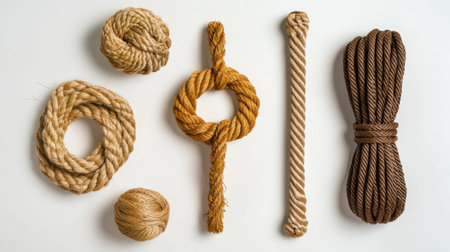 Explore the natural textures of twine, rope, and jute in this arrangement. Ideal for crafting, designing, or showcasing rustic materials in your projects.の素材