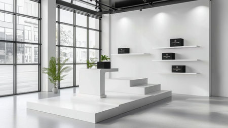 A sleek and modern showroom featuring a minimalist display with clean lines, bright lighting, and stylish details. The design emphasizes simplicity and elegance.の素材