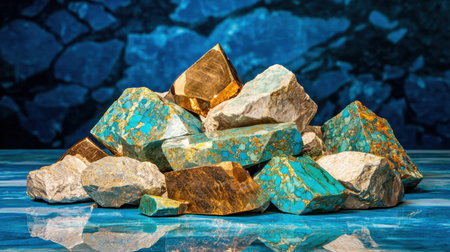 A stunning arrangement of vibrant natural stones showcasing turquoise and gold hues. Ideal for showcasing geology, nature, and colorful textures.の素材