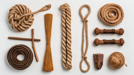 Discover a collection of natural ropes and twine showcasing various textures and designs. Ideal for crafting, decoration, and artistic projects.の素材