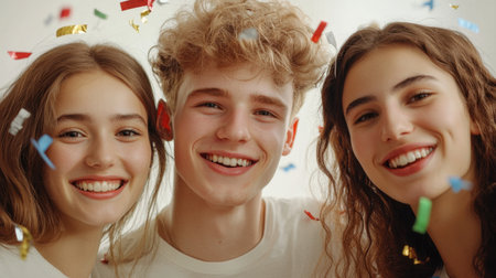 A joyful group of friends celebrates together, surrounded by colorful confetti, showcasing laughter and happiness in a vibrant atmosphere.の素材