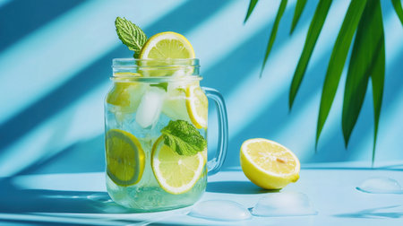 Enjoy a vibrant glass of refreshing lemonade with mint leaves and ice. Perfect for summer gatherings, this drink embodies cool and revitalizing flavors.の素材