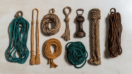A collection of various ropes and twines arranged neatly on a light background, showcasing different textures and colors ideal for crafts or utility purposes.の素材