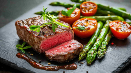 A beautifully plated gourmet dish featuring juicy grilled steak accompanied by vibrant asparagus and roasted tomatoes, ideal for culinary enthusiasts.の素材