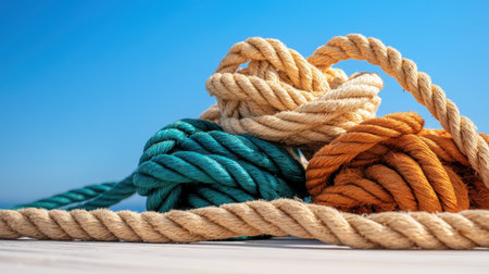 A vibrant display of colorful bundles of rope showcases various textures and materials against a bright blue sky, perfect for crafts and marine themes.の素材