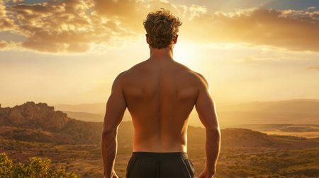 A muscular man stands with his back to the viewer, looking at a stunning sunrise. This image captures a sense of peace, strength, and connection with nature, embodying the spirit of adventure and personal growth.の素材