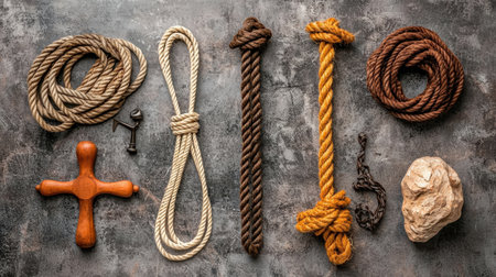 A diverse collection of various rope types and textures arranged on a rustic dark surface. Ideal for crafts, rustic themes, or nature projects, showcasing the beauty of natural fibers.の素材