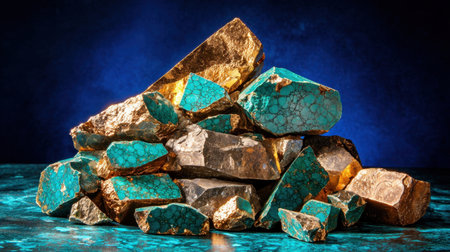 This captivating image showcases a striking arrangement of turquoise and gold rocks, perfect for artistic projects, backgrounds, or nature-inspired designs.の素材