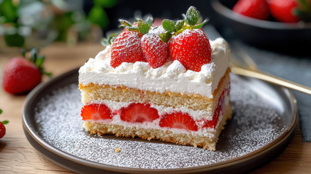 A beautiful slice of strawberry shortcake, featuring layers of fluffy cake, whipped cream, and fresh strawberries, perfect for any celebration or dessert craving.の素材