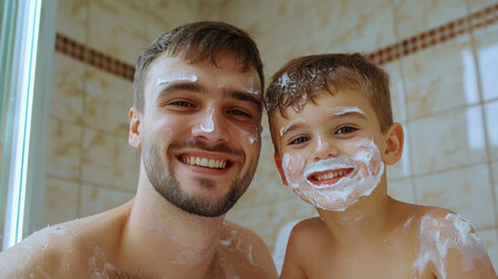 A joyful moment captured between a father and his son in a bathroom, covered in shaving cream while enjoying a playful and bonding experience.の素材