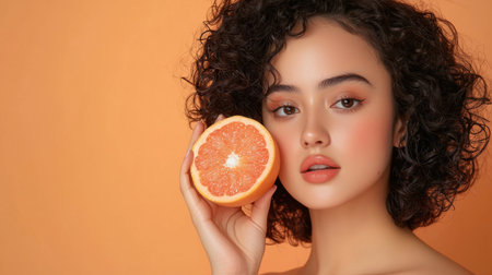 A close-up portrait of a young woman with curly hair holding a grapefruit against a vibrant orange background, showcasing beauty and freshness in a healthy lifestyle.の素材