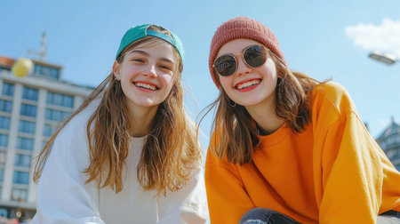 Two young women smile brightly in a sunny urban park, showcasing the joy of friendship and carefree moments spent together outdoors, dressed in vibrant casual attire.の素材