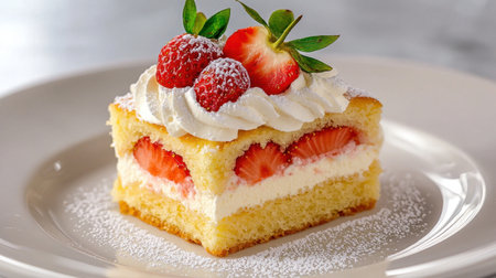 A delightful slice of strawberry shortcake featuring layers of sponge cake, fresh strawberries, and rich whipped cream, perfect for any dessert lover.の素材
