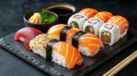 A beautifully arranged sushi platter featuring fresh salmon, tuna, and assorted rolls, complemented by wasabi and soy sauce, perfect for any dining experience.の素材