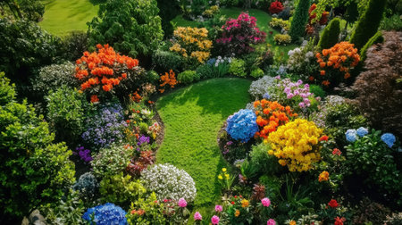 Explore a stunning garden scene showcasing a vibrant array of flowers and lush greenery. The colorful blooms create a tranquil oasis perfect for relaxation and beauty.の素材