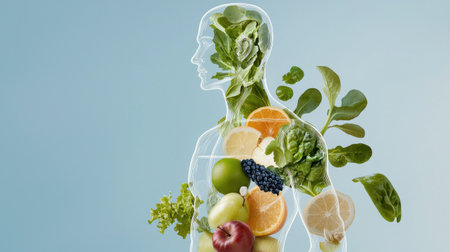 A creative illustration showcasing a silhouette of a human body filled with various fruits and vegetables, symbolizing health and nutrition.の素材