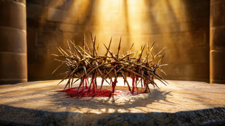 A close-up of a crown of thorns resting on a stone surface, illuminated by dramatic lighting. The scene evokes themes of sacrifice, faith, and spirituality, creating a vivid sense of reverence.の素材