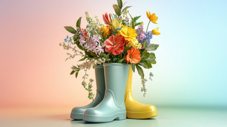 A charming scene featuring colorful rubber boots filled with fresh flowers, creating a joyful atmosphere perfect for spring decoration and nature-inspired design.の素材