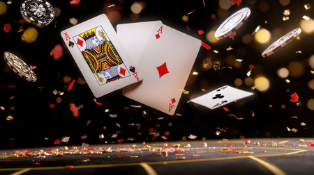 Dramatic scene featuring playing cards and casino chips cascading through the air, creating an exciting ambiance that captures the thrill of gambling and entertainment.の素材