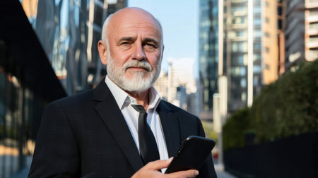 A confident senior businessman stands outdoors holding a smartphone, showcasing a modern urban background. His professional attire and composed demeanor highlight leadership and success.の素材