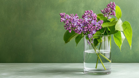 A stunning arrangement of lilac flowers in a clear glass vase on a soft green background. This image evokes tranquility, elegance, and fresh beauty, perfect for decor.の素材
