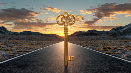 A stunning golden key stands prominently on a deserted road at sunrise, surrounded by majestic mountains and an expansive sky. This image symbolizes hope, adventure, and opportunity in a serene landscape.の素材