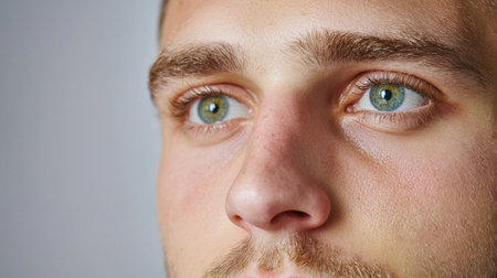 This close-up portrait captures a young male's striking green eyes and natural facial features, conveying an intense gaze with a serene expression.の素材