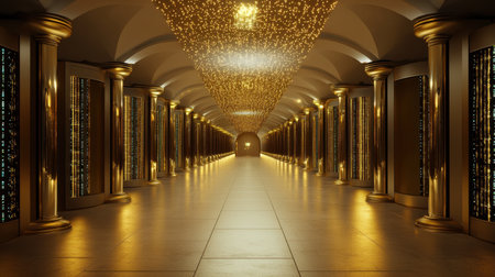 A stunning golden corridor adorned with elegant columns and shimmering lights, creating a luxurious ambiance perfect for modern interior design.の素材